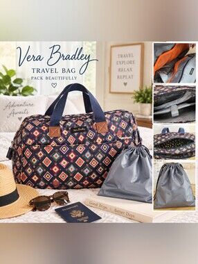 Vera Bradley Travel Duffel Bag Navy Geometric Weekender Organizer W/Laundry Bag